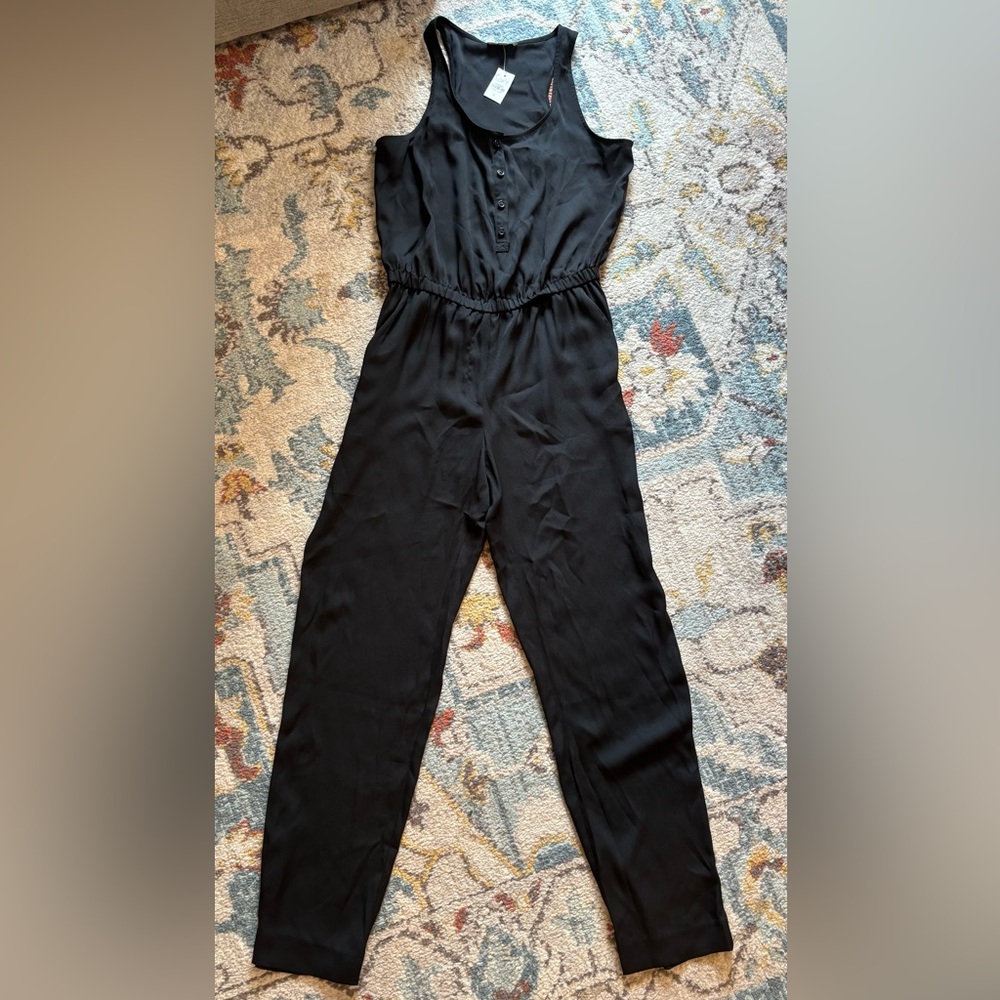 LOFT Black Sleeveless Button-Front Jumpsuit